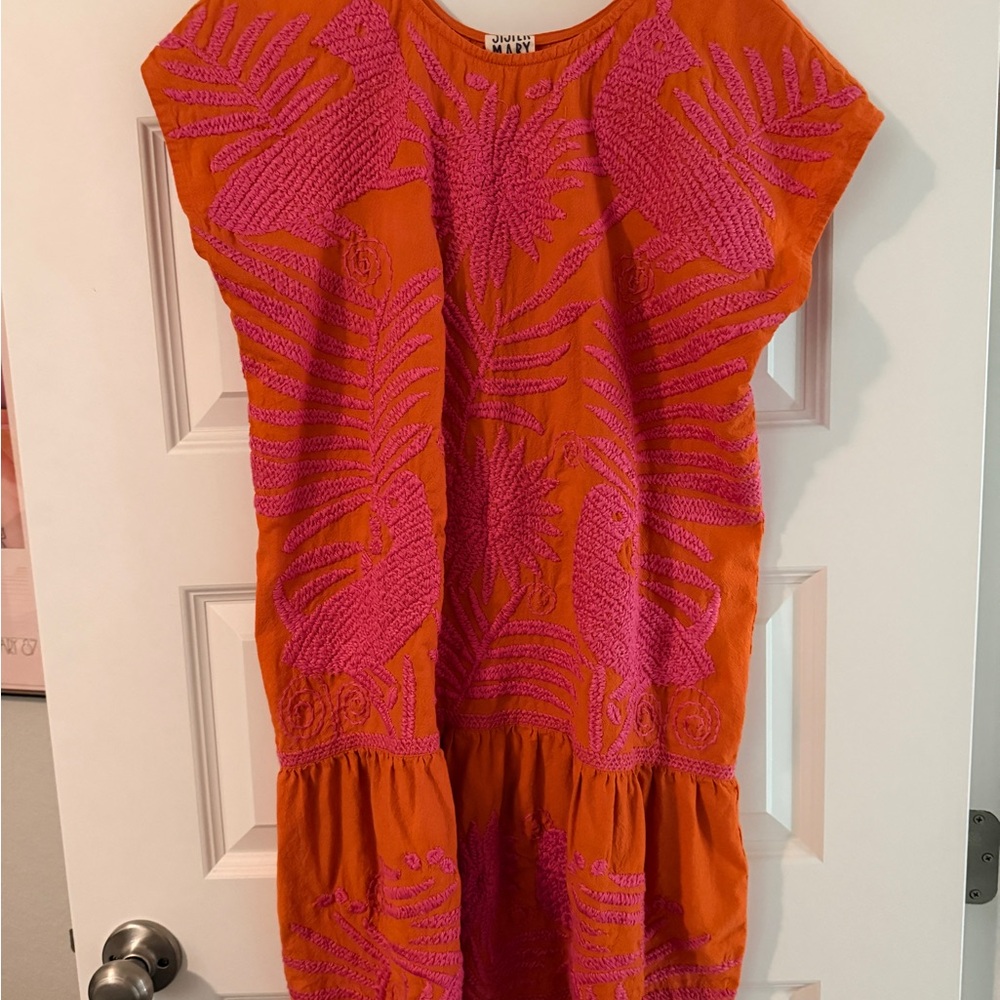 Vibrant Orange Mini Dress with Pink Embroidery